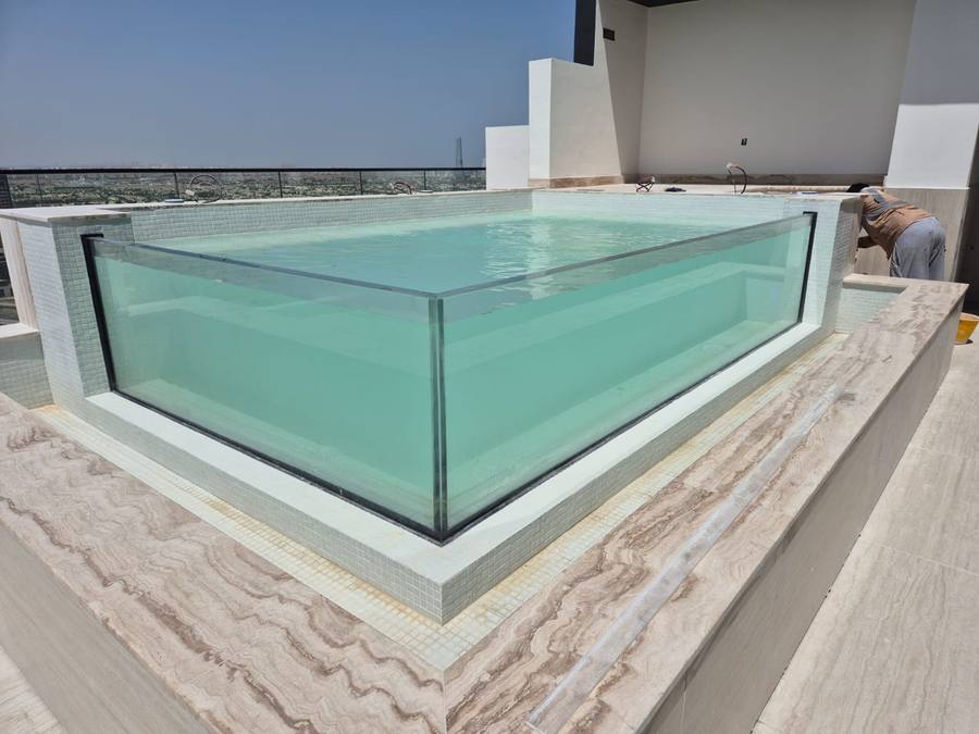 Structural acrylic pool wall project — luxury residential installation, UAE